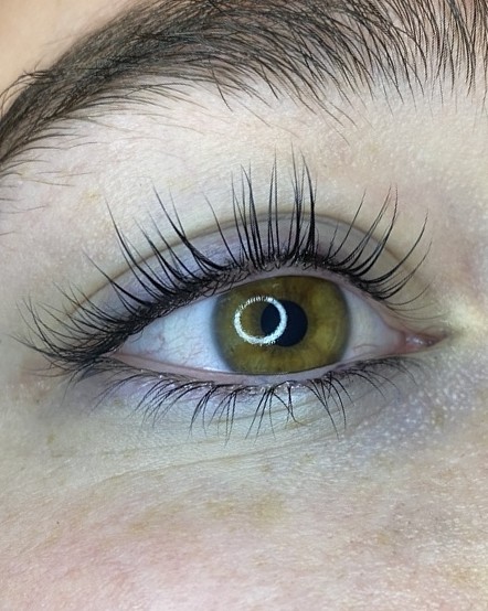 Gelifte wimpers en gevormde wenkbrauw boven een groen oog